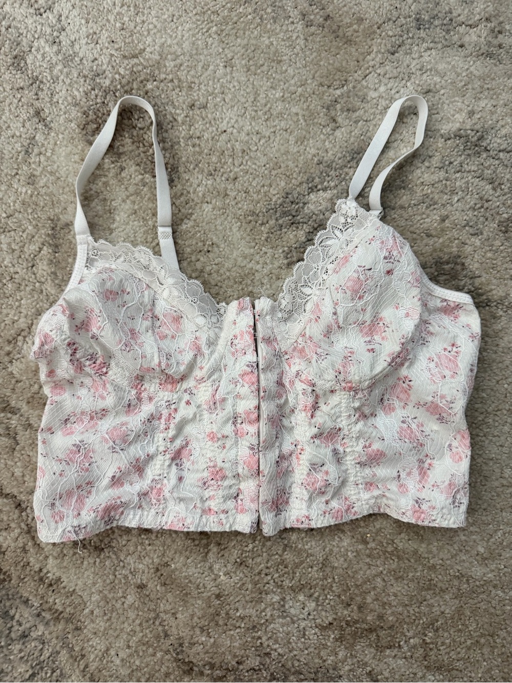 SHEIN White Floral Lace Trim Crop Cami with Pink Accents